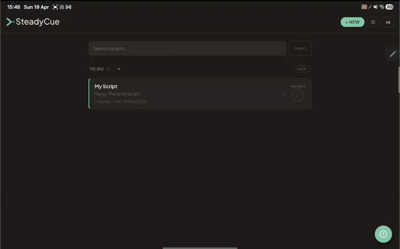 Steady Cue app on tablet with synced scripts